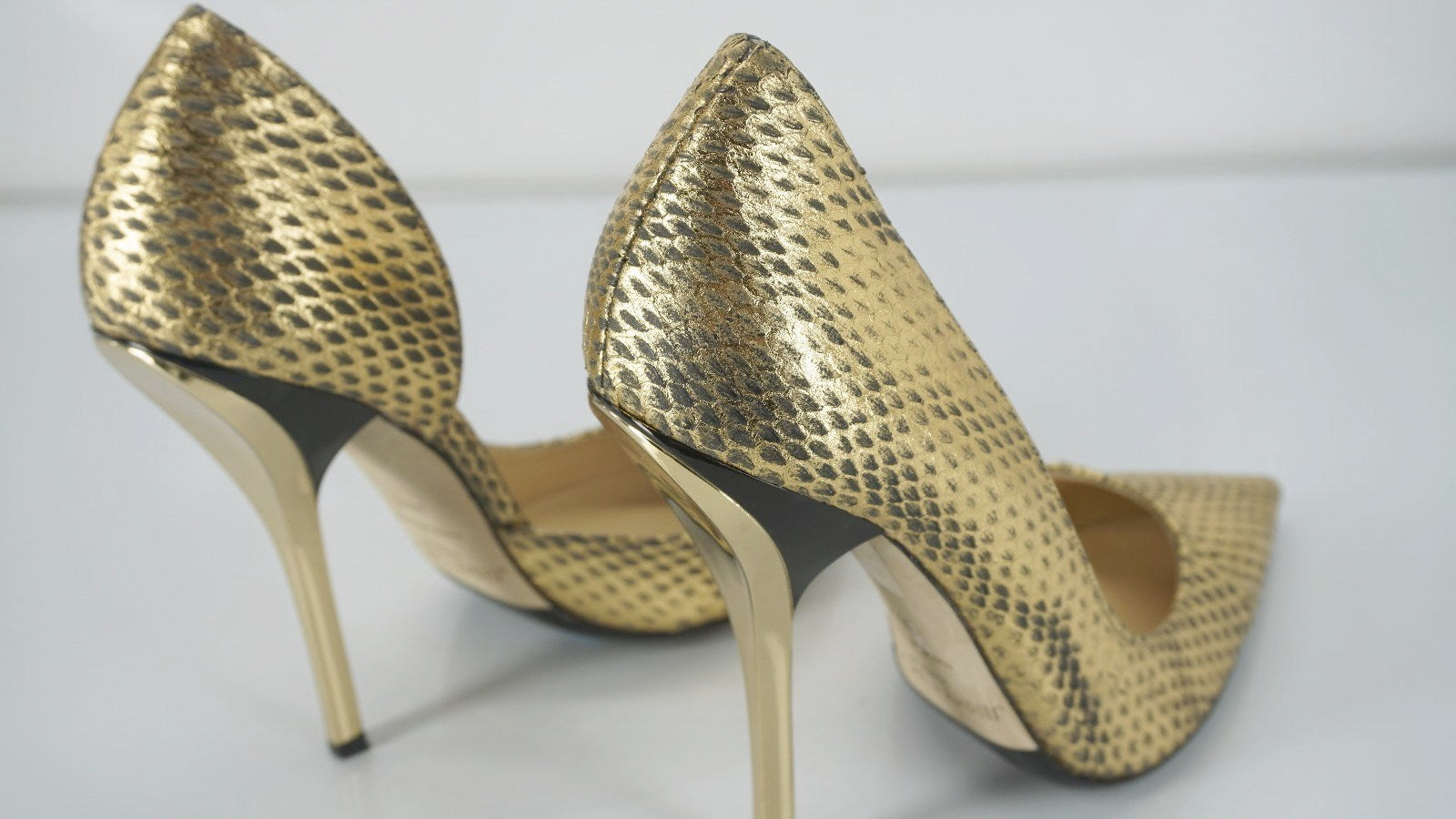 Jimmy Choo WIllis Gold Snake Half d'Orsay Pointy Pumps Size 38.5 High Heels $975