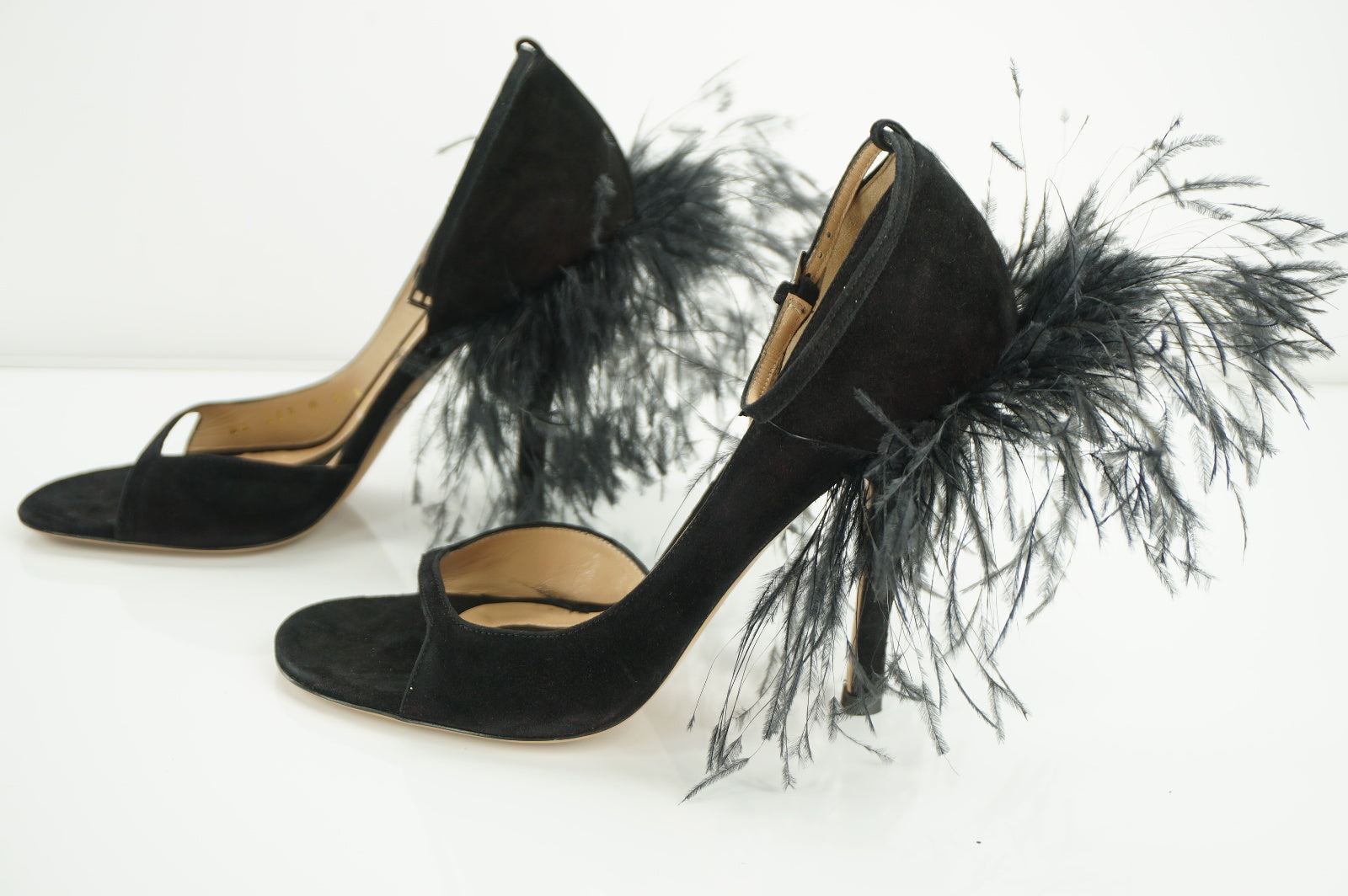 Valentino Black Suede Flow Feather D'Orsay Strap Sandals SZ 36.5 NIB Heel $1245