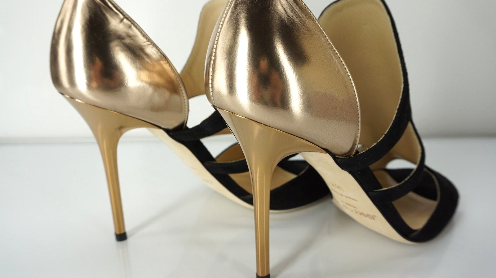 Jimmy Choo Tarine Black Suede Gold Leather Open Toe Cut Out Sandals SZ 38.5 $895