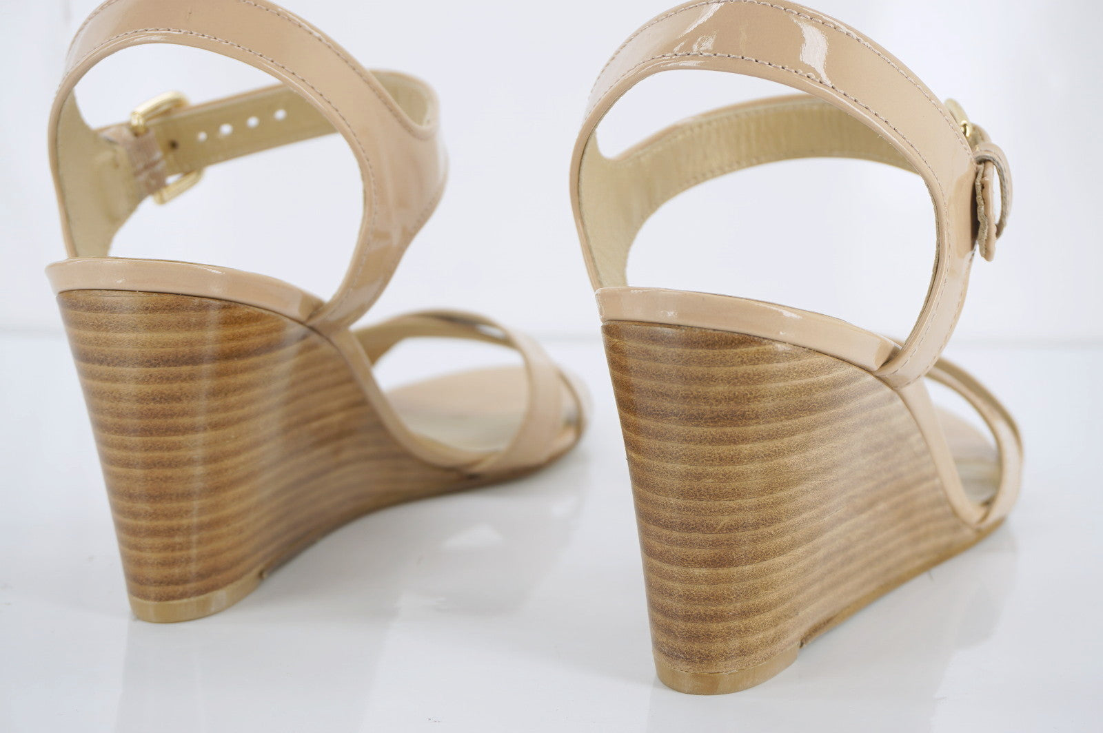 Stuart Weitzman 'Next Wedge' Nude Patent Sandal size 11 New strappy NIB $365