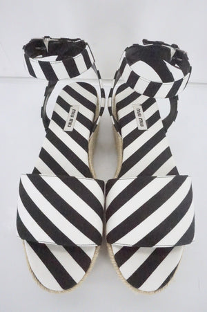 Miu Miu Black White Striped Canvas Platform Espadrille Sandals SZ 41 11 NIB $650