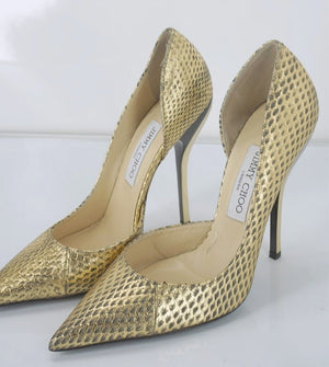 Jimmy Choo WIllis Gold Snake Half d'Orsay Pointy Pumps Size 38.5 High Heels $975