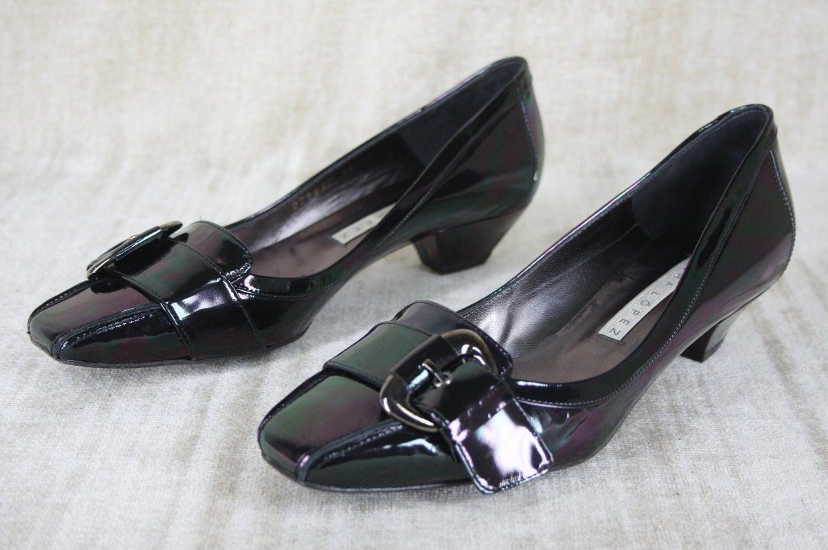 Pura Lopez Oily black patent Buckle Toe pumps Size 39 New $315