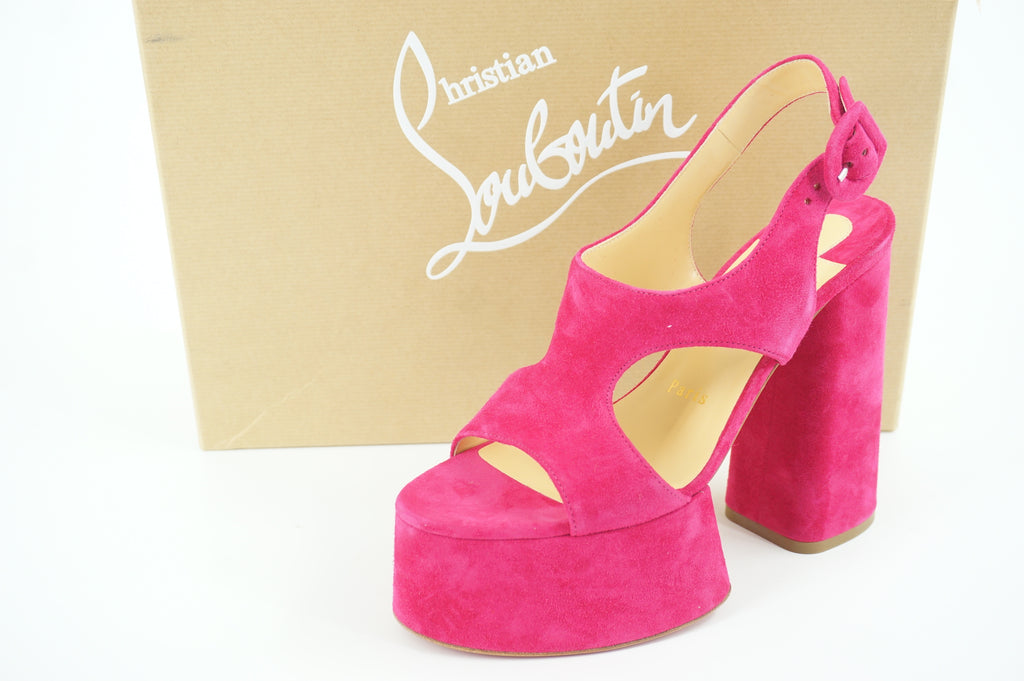 Christian Louboutin Foolish 130 MM Platform Sandal Pink Suede Size 6 Womens Bright