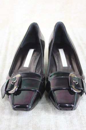 Pura Lopez Oily black patent Buckle Toe pumps Size 39 New $315