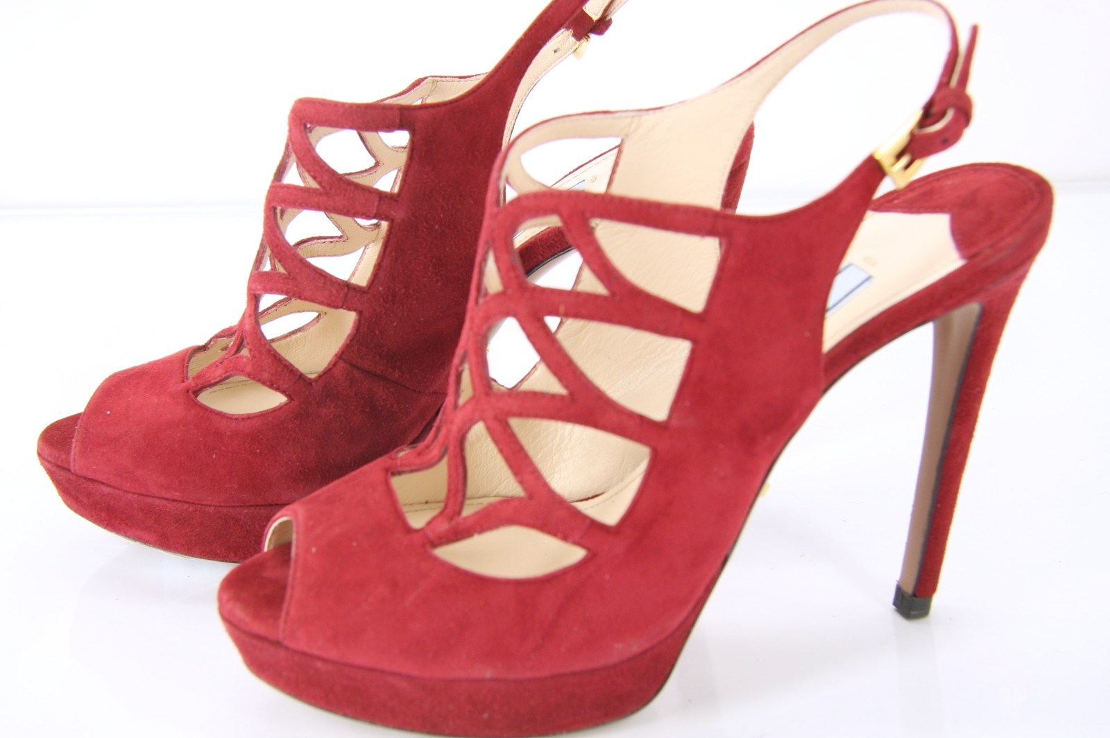 Prada Caged Red Suede Strappy Platform High Heel Sandals Size 36.5 New $850