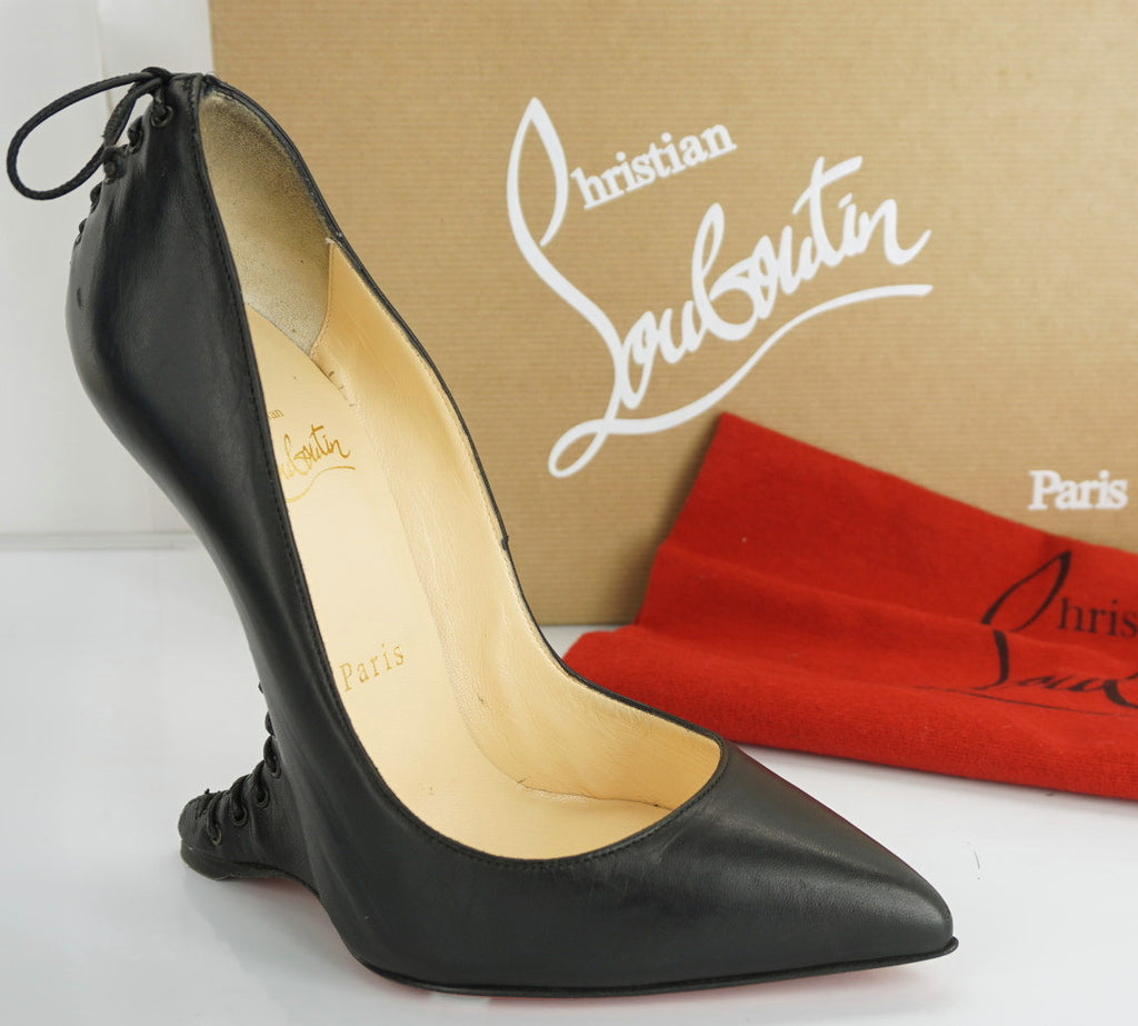 Christian Louboutin Conquilla Corset Black Leather Wedge Pumps SZ 36 NIB $1395