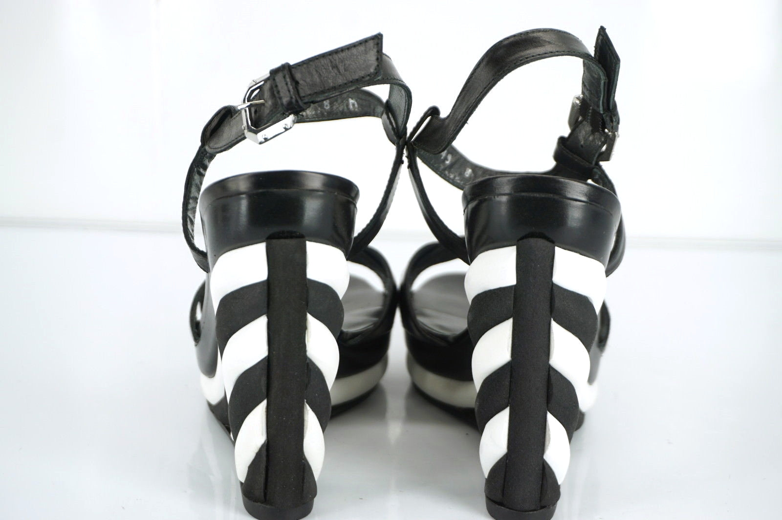 Stuart Weitzman Attitude Black White Striped Wedge Ankle Sandals Size 8 New $425