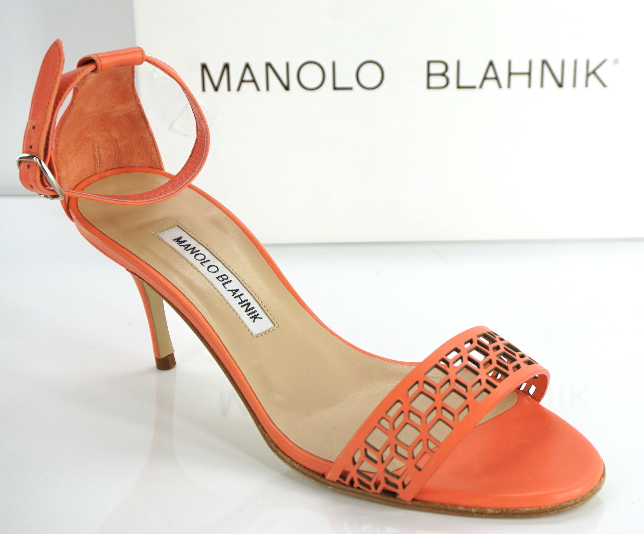 Manolo Blahnik Coral Leather Maurila Ankle Chaos Cuff Sandals size 36.5 NIB $815