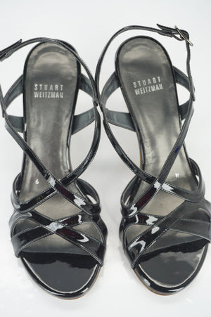 Stuart Weitzman Black Patent Leather Operetta Strappy Sandals SZ 6 Wide NIB $375