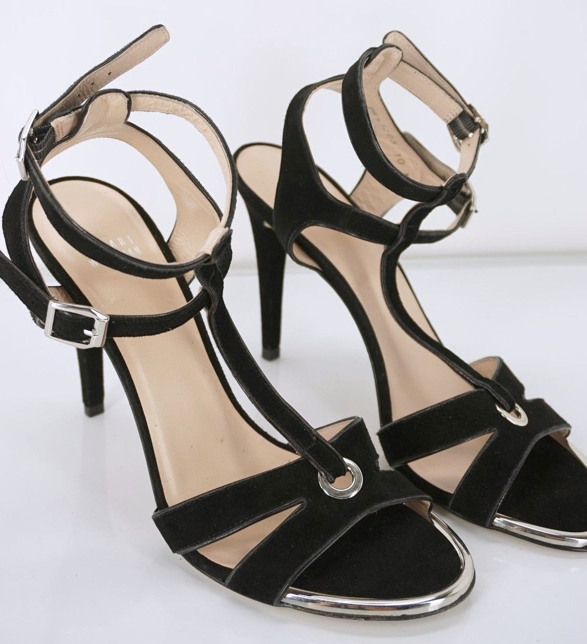 Stuart Weitzman Black Suede 'Accent' Caged T Strappy sandals Size 10 $395
