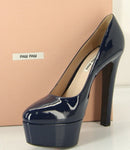 Miu Miu Blue Patent Platform Almond Toe High Heels Pumps Size 39.5 $685 New