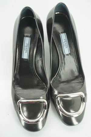 Prada Grey Patent D Ring Buckle High Heels Pumps Size 36.5 New $690 Women's