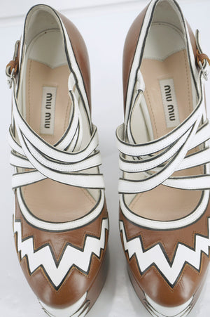 NIB Miu Miu Brown White Embellished Toe Platform Strappy Pumps SZ 37 $1390 prada