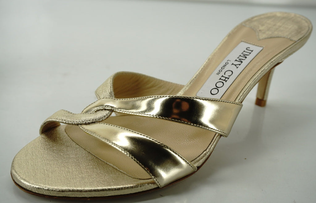 Jimmy Choo Tation Metallic Gold Leather Mid Heel Slide Sandals SZ 36.5 New $675