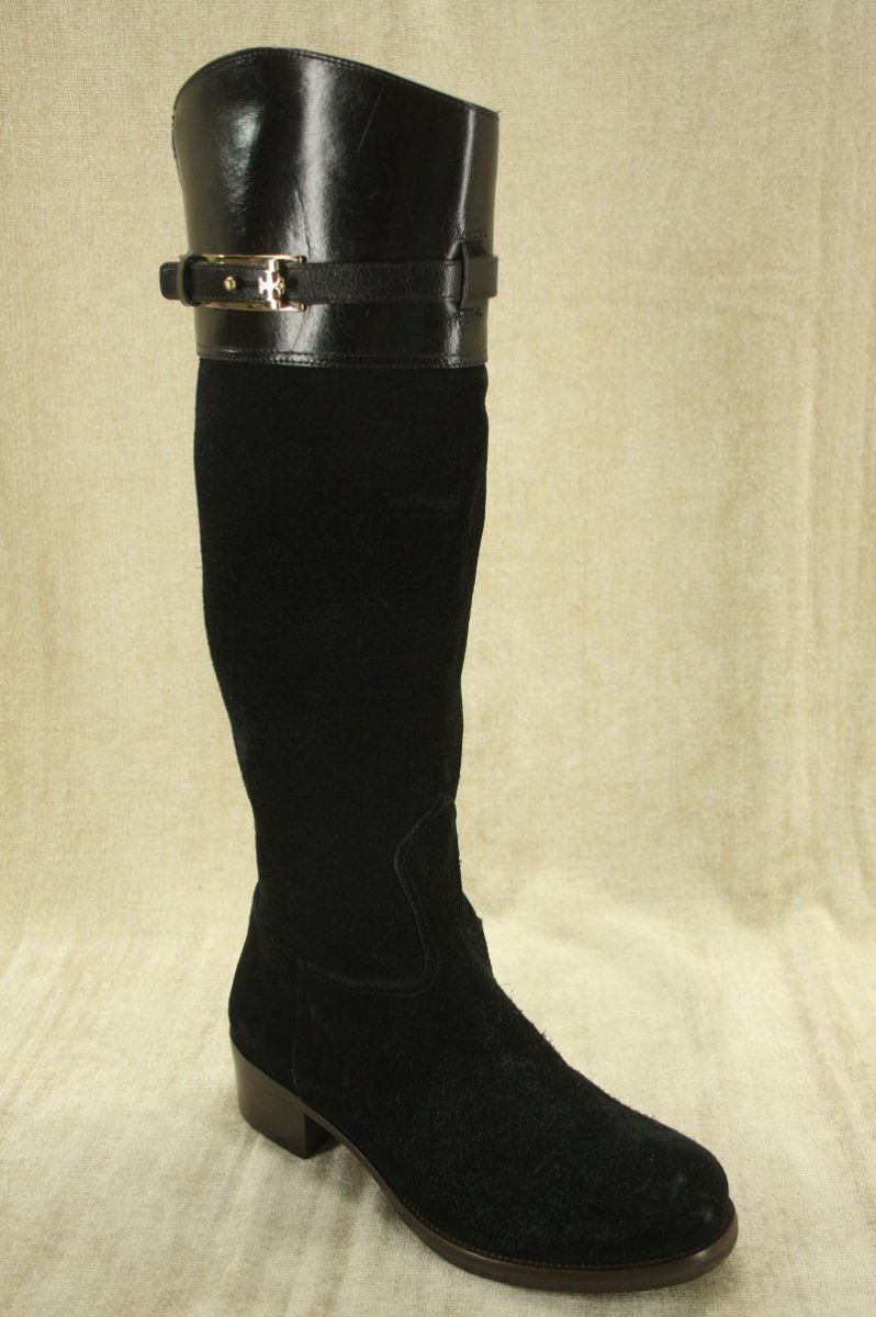 Tory Burch Black Suede 'Jenna' Logo Riding Boots Size 6 New $495