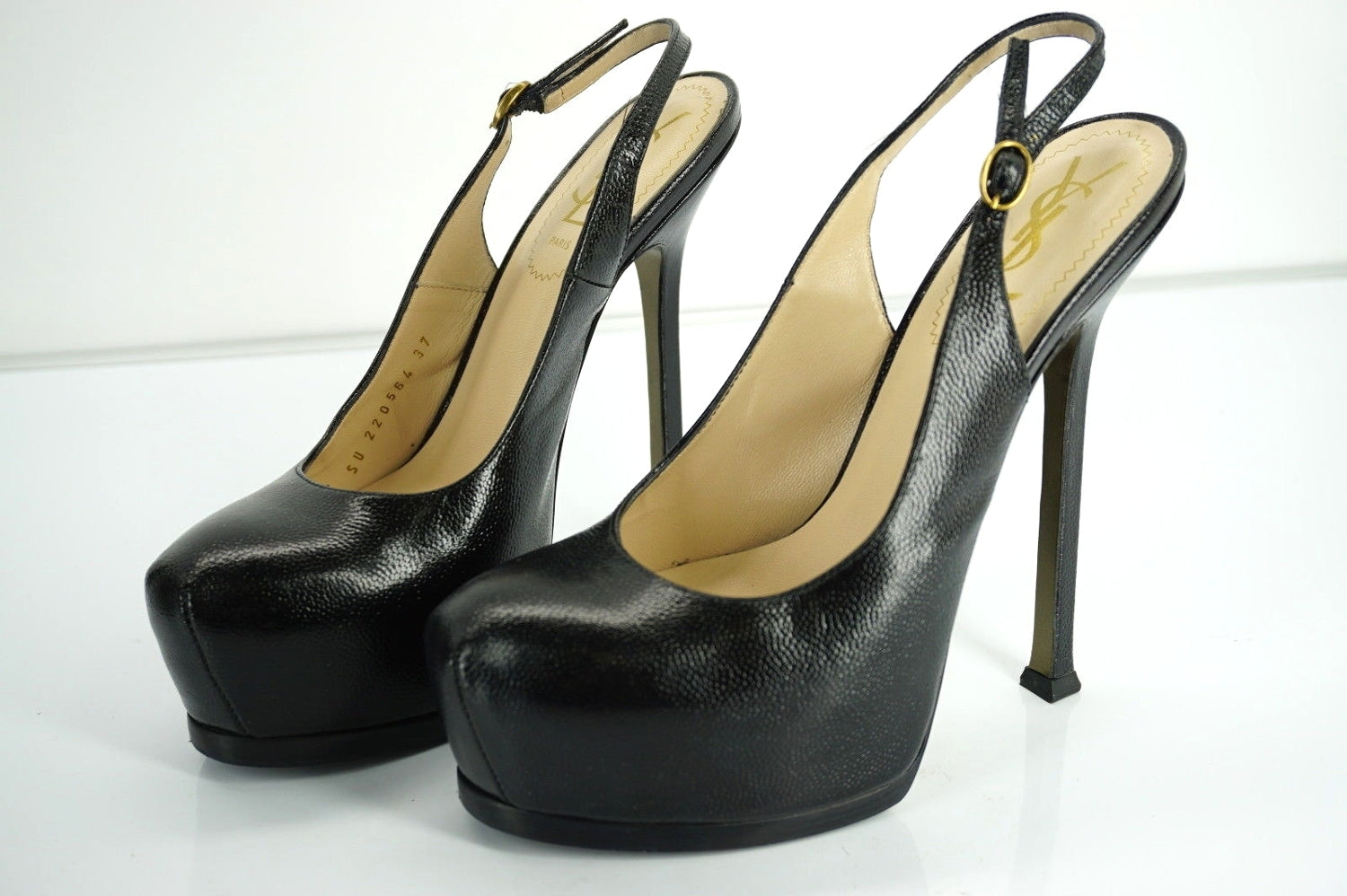 Saint Laurent Textured Patent Tribute Slingback Hidden Platform Pump SZ 37 $850