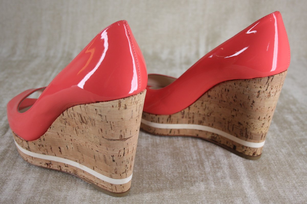 Prada Pink Patent Platform Wedge Heel Espadrille Peep Pumps Size 39.5 NIB $790