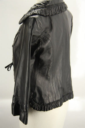 Valentino Runway Ruffled black Leather Biker Jacket size small $1990 tie front
