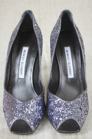 Manolo Blahnik Glitter Fatducabo Open Toe Heels Pumps Size 37.5 $745 NEW Sz