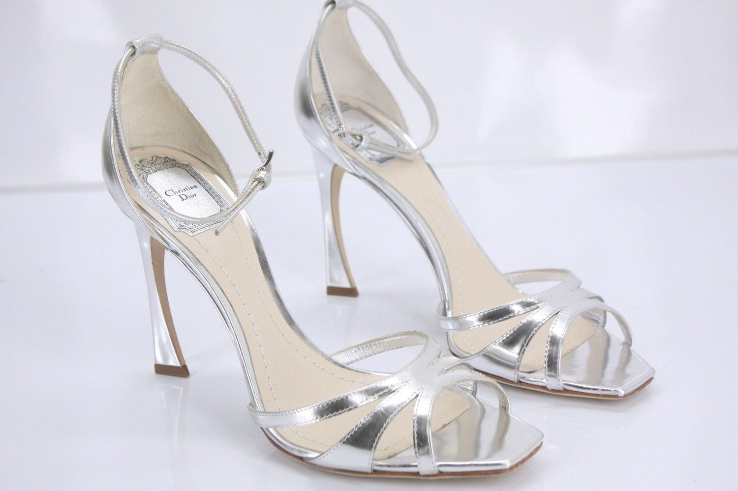 Christian Dior Silver Metallic Leather Ankle Strap Criss Sandals Size 39.5 $810