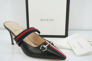 Gucci Emma Horsebit Black Leather Web Trim Slide Mule Sandal Size 37.5 NIB