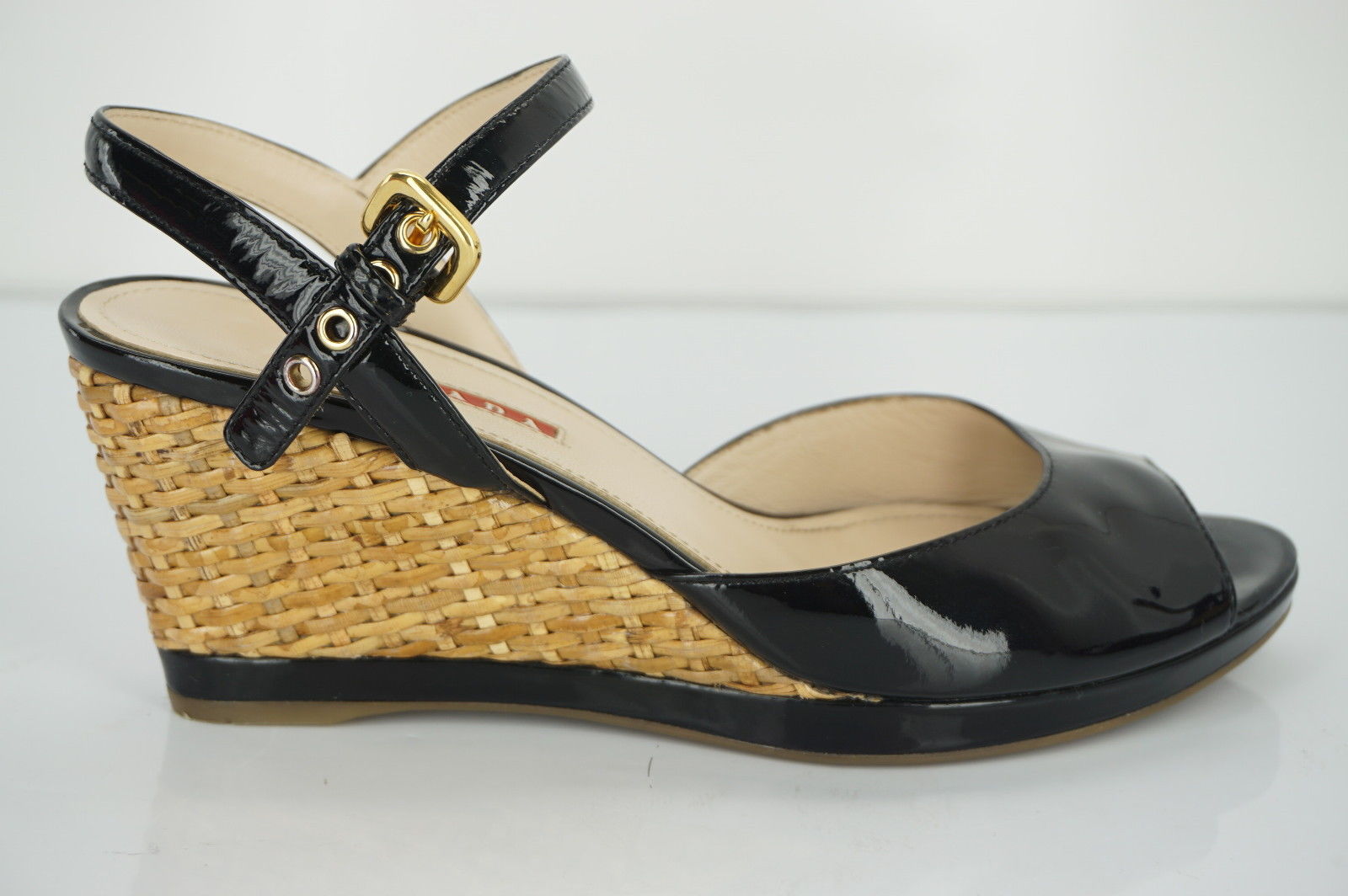 Prada Sport Black Patent Ankle Strap Woven Raffia Wedge Heel Sandals Size 39