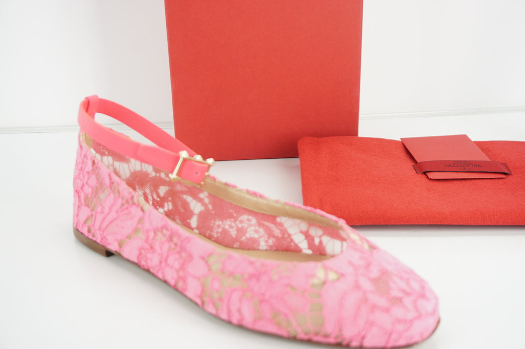 Valentino Womens Lace Ankle Strap Flats Flats Pink Leather Size 37