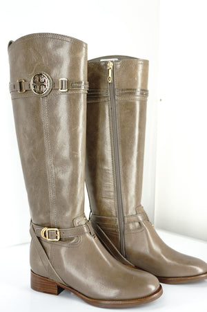Tory Burch Calista Taupe Leather Logo Belt Knee Riding Boots SZ 5 New $495