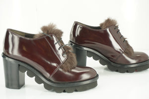 Attilio Giusti Leombruni Leather Rolo Fur Trim Oxford Heel Pumps Size 35 AGL NIB