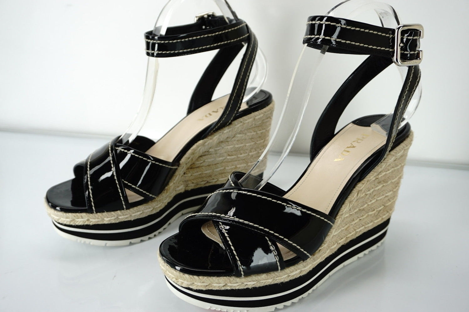 Prada Patent Ankle Strap Platform Espadrille Wedge Sandals SZ 40 10 NIB $850