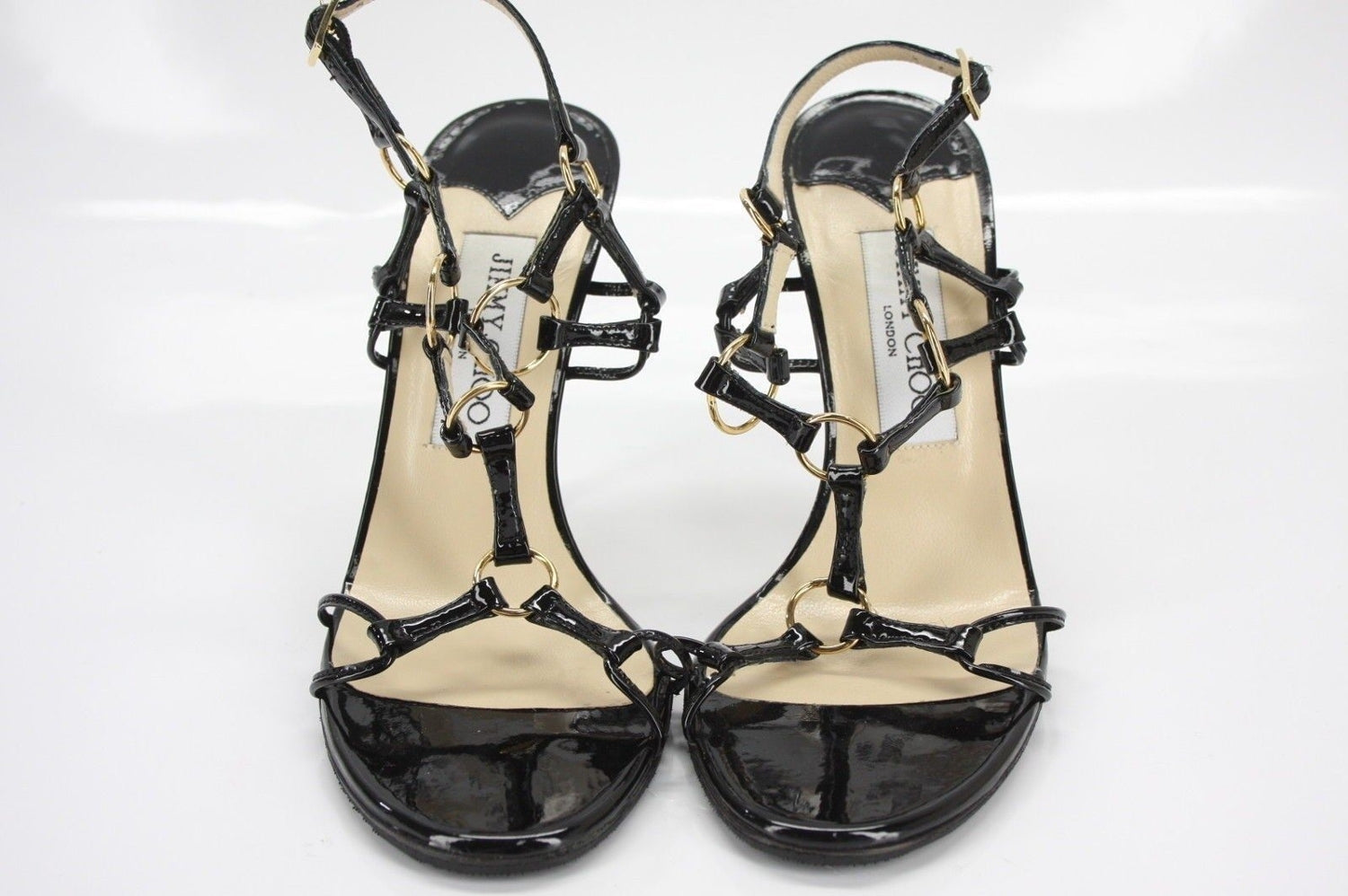 Jimmy Choo Black Patent Ring Strappy Sandal SZ 36.5 caged Ankle Heels $695