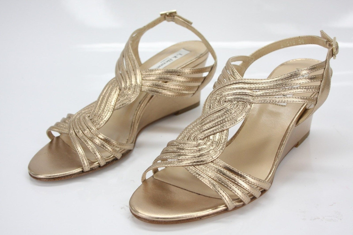 L.K. Bennett Metallic Gold Leather Dunes Caged Strappy Wedge Sandals size 36 New