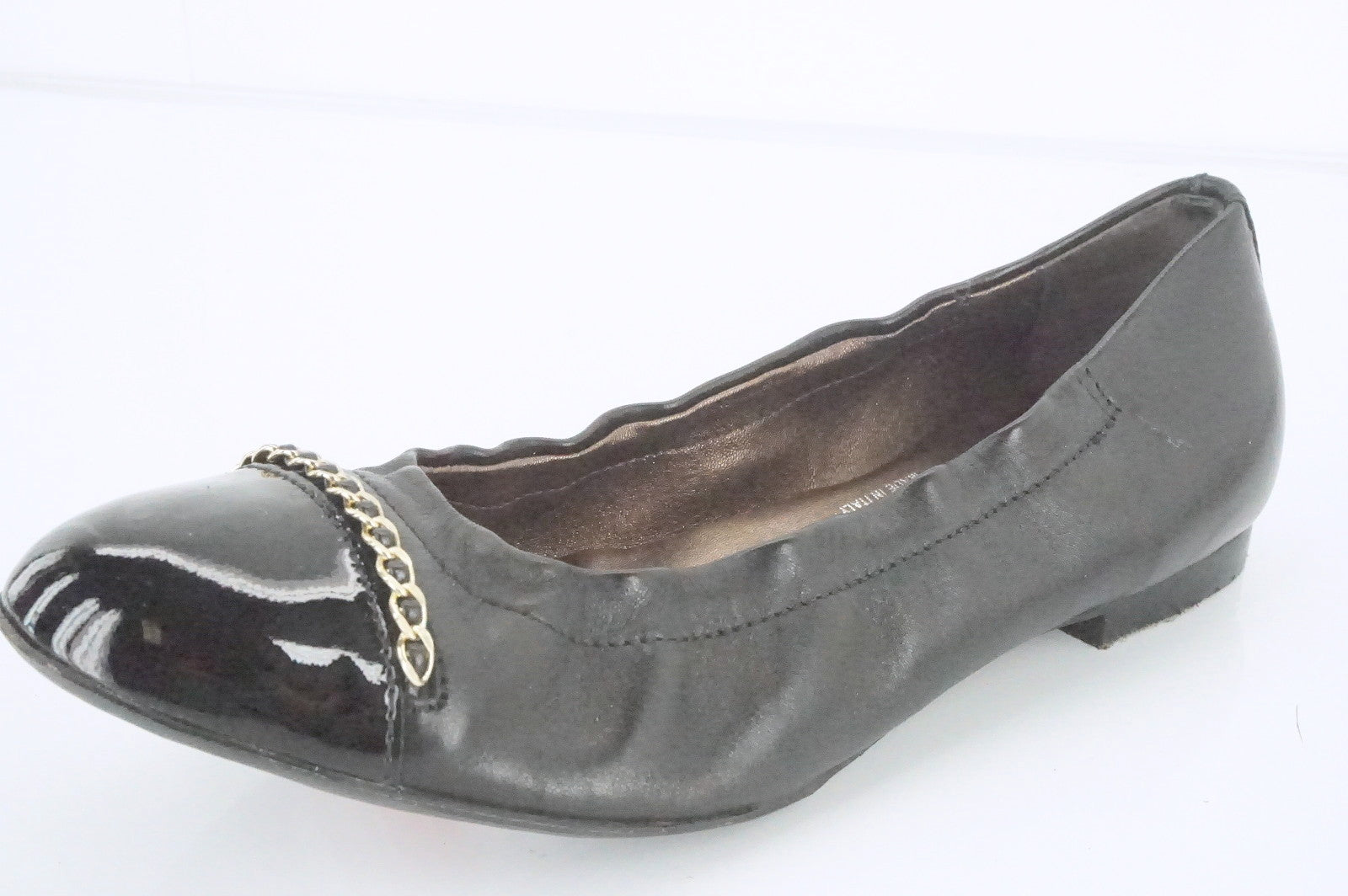 AGL Black Leather Bijoux Chain Embellished Patent Cap Toe Ballet Flat SZ 36 $320