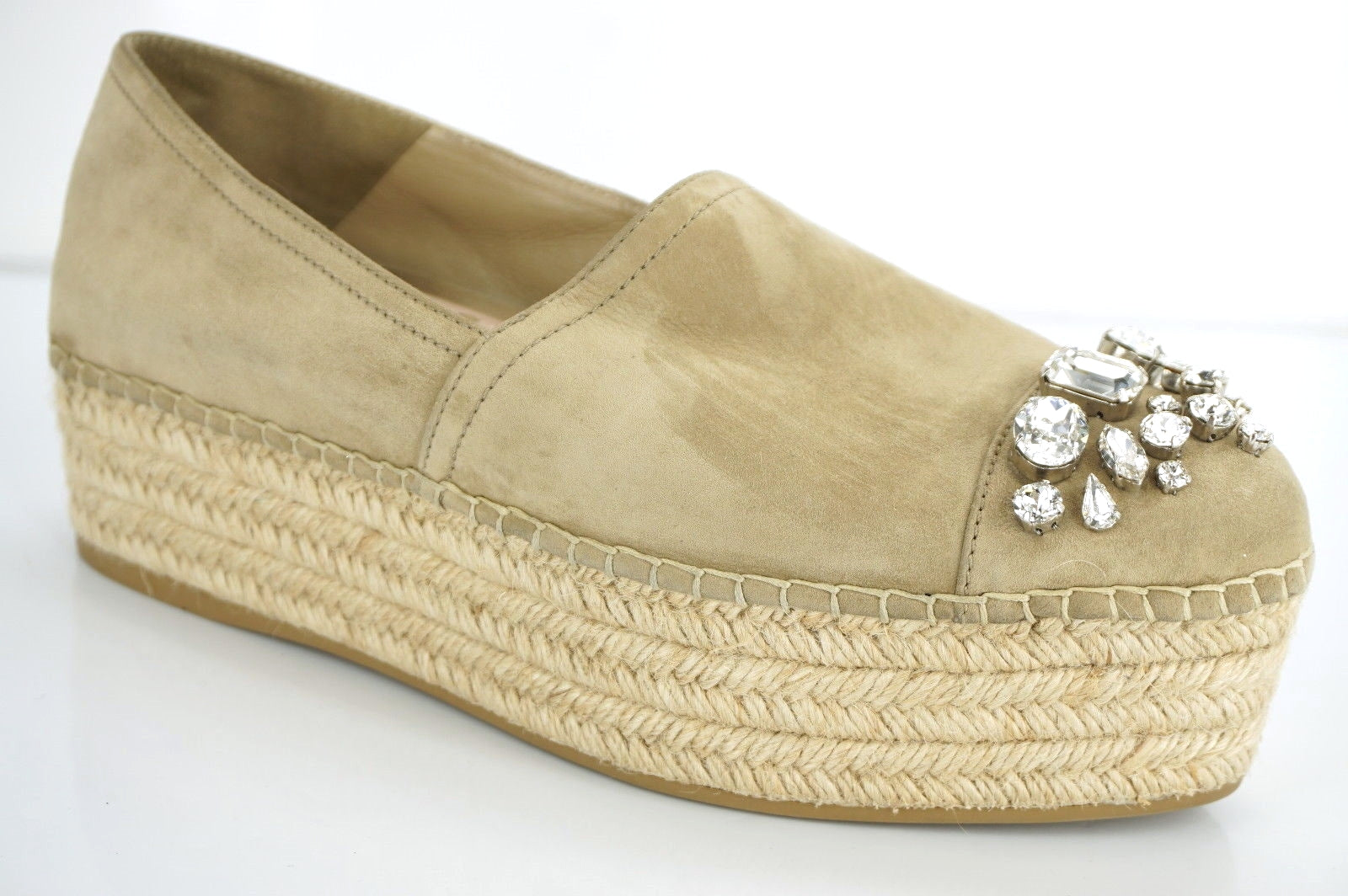 Miu Miu Beige Suede Crystal Jewel Toe Platform Espadrilles SZ 42 12 Slip on $790