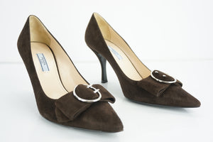 Prada Brown Suede Leather Pointy Bow Toe Heel Pumps size 38 Women $750 Strap Bow