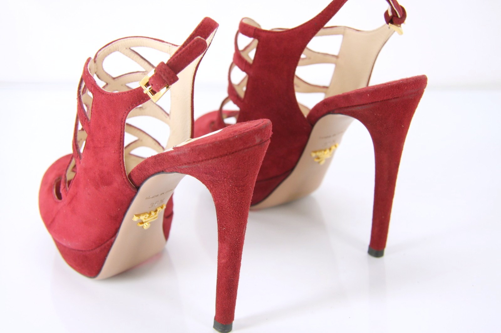 Prada Caged Red Suede Strappy Platform High Heel Sandals Size 36.5 New $850