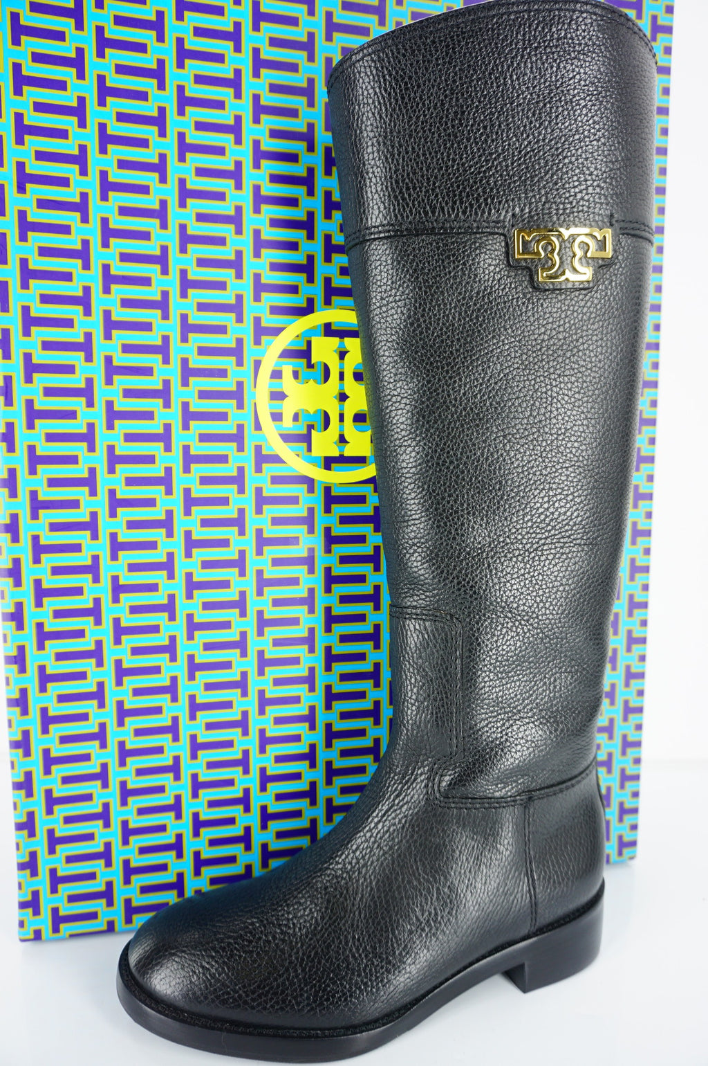 Tory Burch Joanna Black Leather Gold Logo Riding Boots Size 5.5 Heels NIB $495