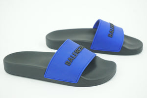 New Balenciaga Pool Flat Slide Sandal SZ 36 C Blue $445 Logo Flip Flop Rubber