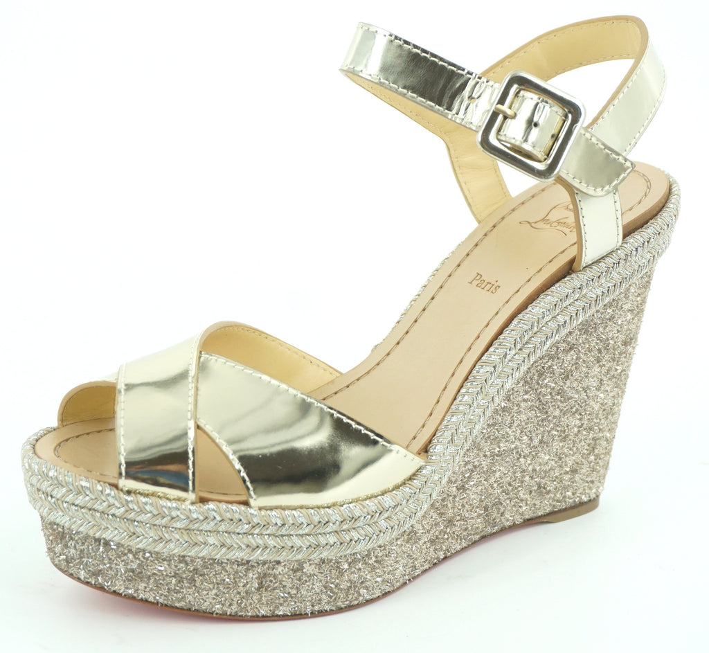 Christian Louboutin Almeria Platform Wedge Espadrille Gold Patent Size 10 Womens Jute
