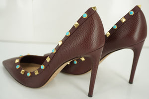 Valentino Brown Leather Rockstud Rolling Pointy Pumps Size 40 10 Heels NIB $1045