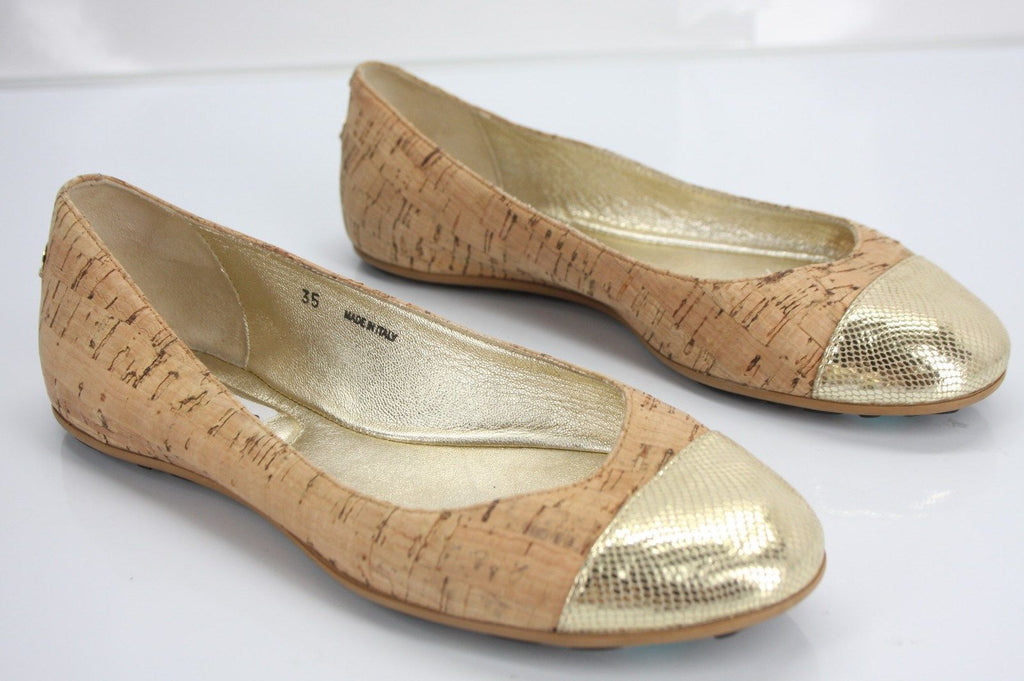 Jimmy Choo Whirl Cork Gold Leather Cap Toe Ballet Flats SZ 35 New $425 Metallic