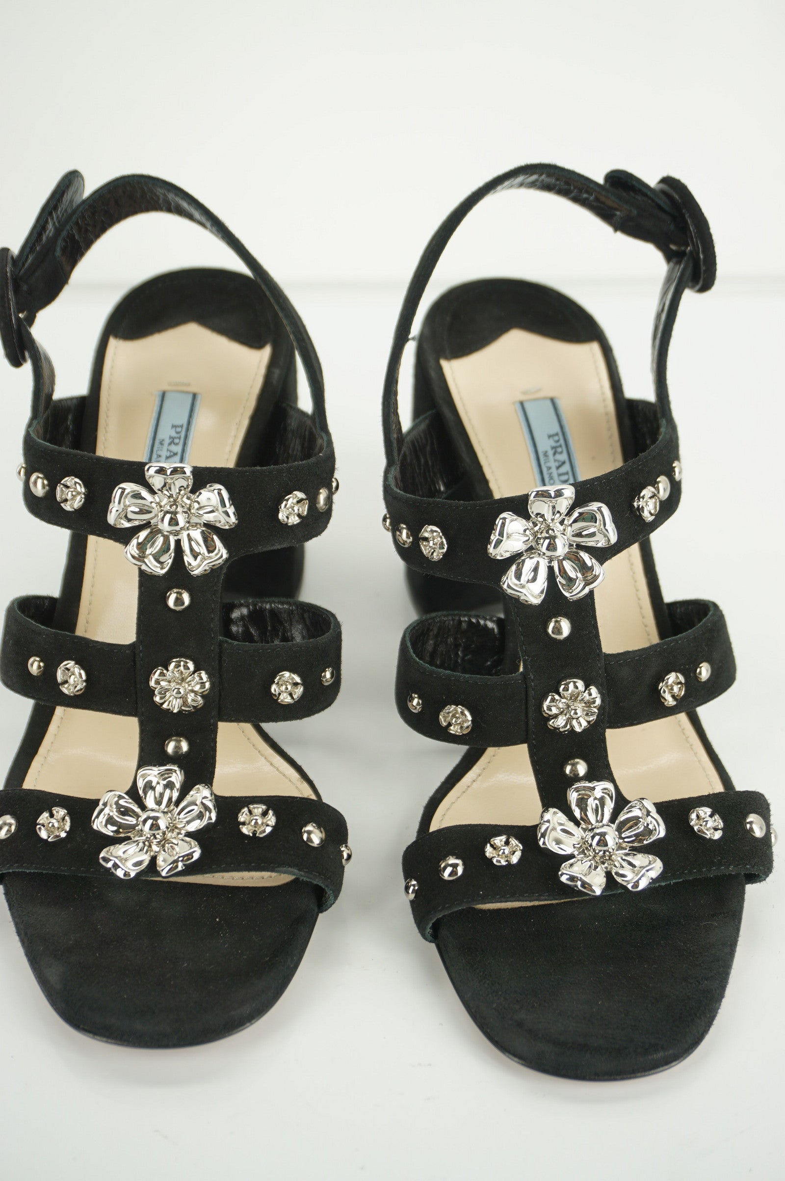 Prada Black Suede Silver Flower Studded Caged Strappy Sandals Size 38 $750 New