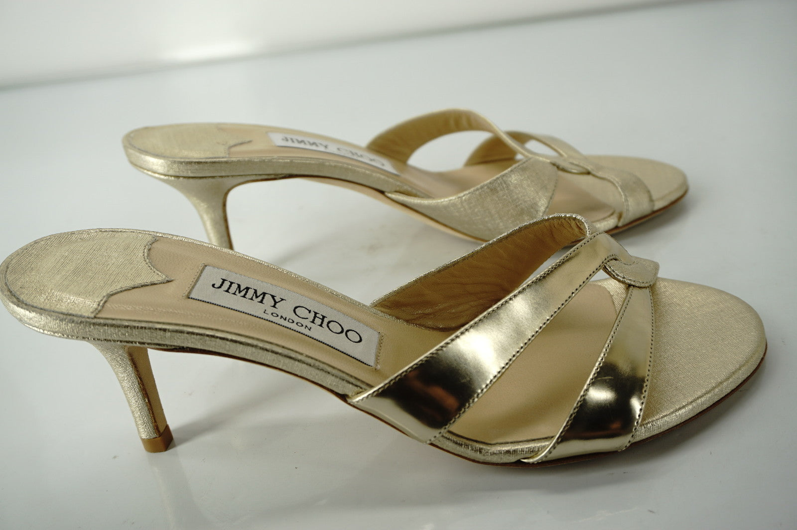 Jimmy Choo Tation Metallic Gold Leather Mid Heel Slide Sandals SZ 36.5 New $675