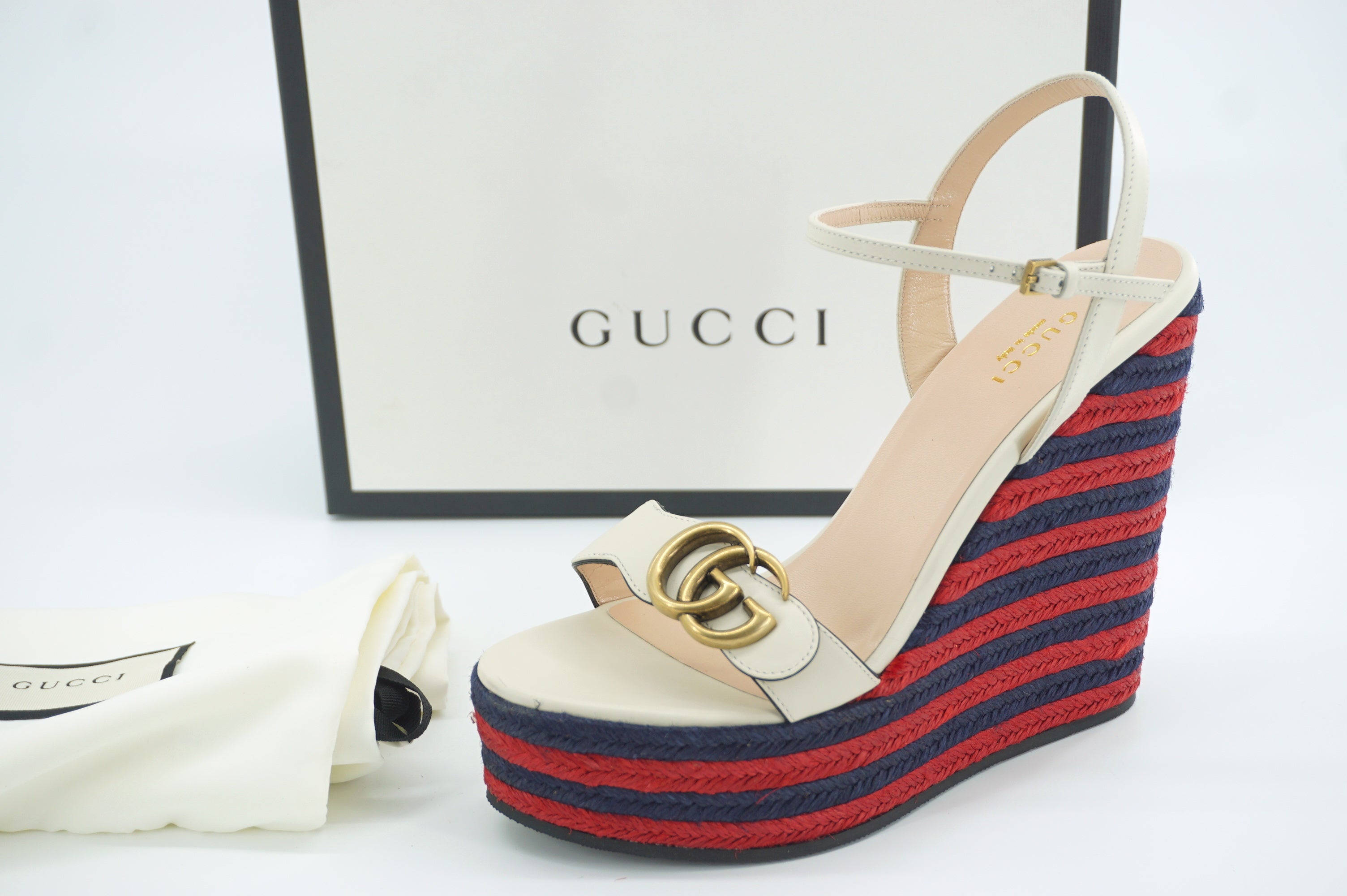 Gucci Maramont Lifford White Platform Espadrille Wedge Sandals SZ 38 NIB $990