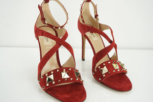 Valentino Rockstud Cross Strap Rubino Red Suede Sandals SZ 38.5 NIB Heel $1085