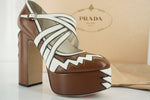 NIB Miu Miu Brown White Embellished Toe Platform Strappy Pumps SZ 37 $1390 prada