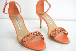 Manolo Blahnik Coral Leather Maurila Ankle Chaos Cuff Sandals size 36.5 NIB $815