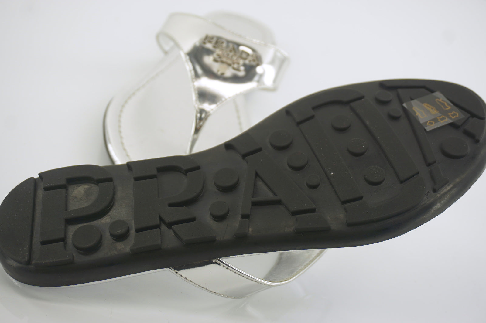 Prada Sport Metallic Silver patent thong sandal SZ 35 Gold logo $390 New