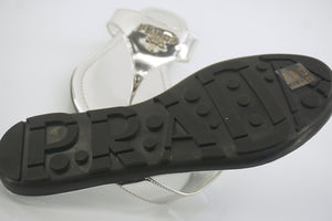 Prada Sport Metallic Silver patent thong sandal SZ 35 Gold logo $390 New